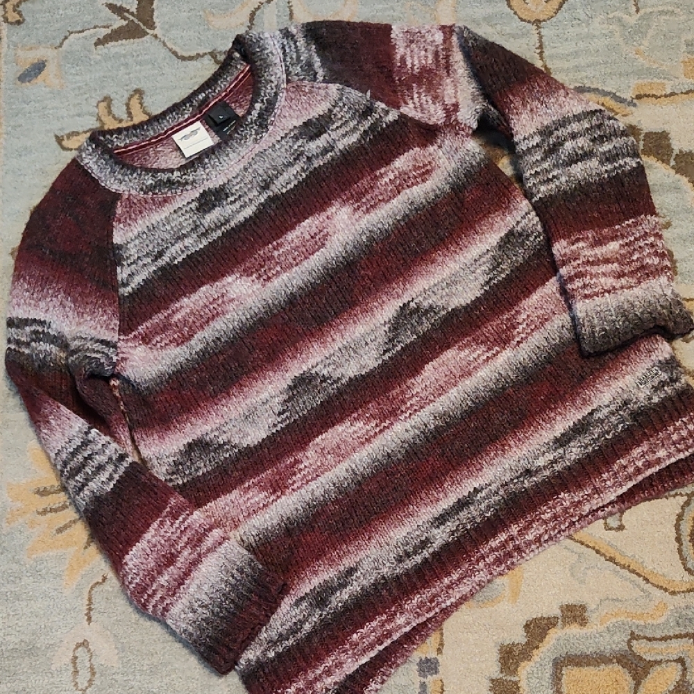 Striped Knit Harley-Davidson Sweater in Burgundy and Gray